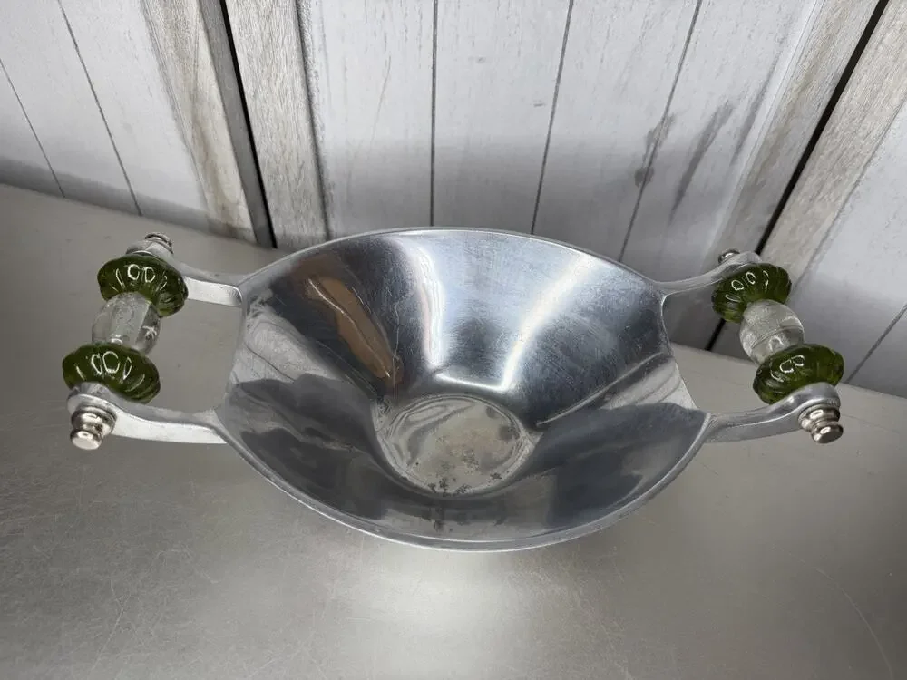 Vintage Silver Serving Bowl Small With Green Beaded Handles Decor MCM